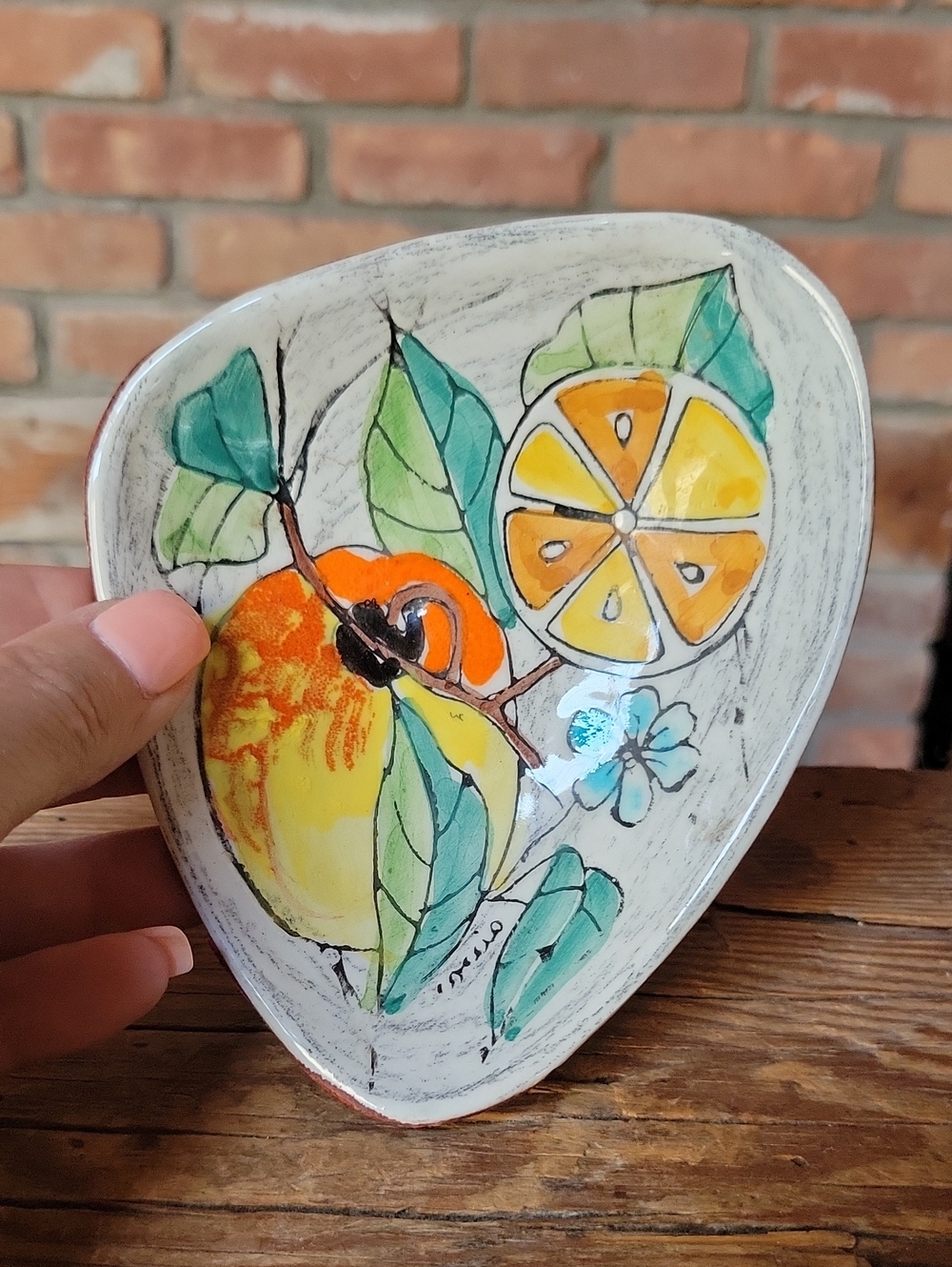 Italian Hand-Painted Fruit Ceramic Trinket Dish with Red Leather Back